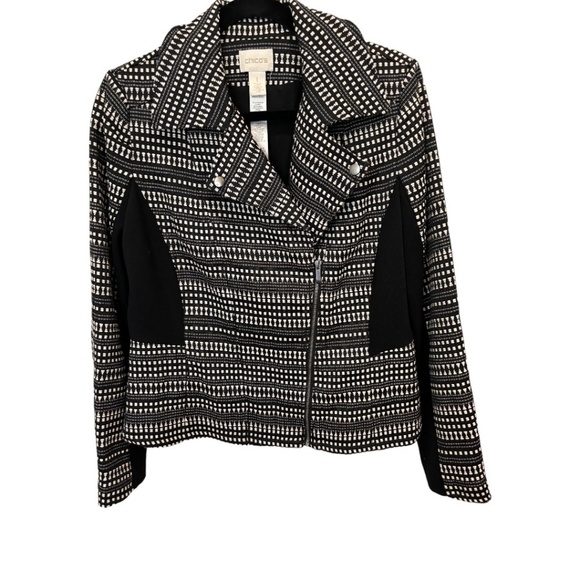 Chico's Jackets & Blazers - Chico's Black White Tapestry Off-Set Front Zipper Long Sleeve Jacket Chico's 1